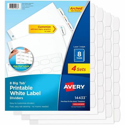 Avery&reg; Big Tab Printable Label Dividers, Easy Peel Labels, 8 Tabs - 32 x Divider(s) - 32 Tab(s) - 8 - 8 Tab(s)/Set - 8.5" Divider Width x 11" Divider Length - 3 Hole Punched - White Paper Divider - White Paper Tab(s) - 20% Recycled - Hole-punched
