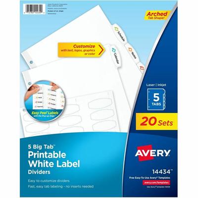 Avery&reg; Big Tab Printable White Label Dividers - 100 x Divider(s) - 100 Tab(s) - 5 - 5 Tab(s)/Set - 8.5" Divider Width x 11" Divider Length - 3 Hole Punched - White Paper Divider - White Paper Tab(s) - 20% - Hole-punched, Printable, Easy Peel, Rei