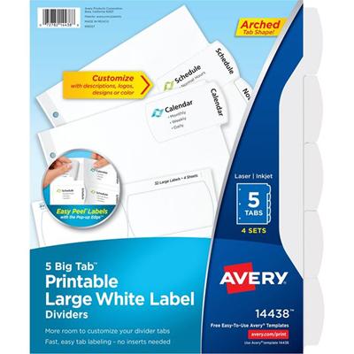 Avery&reg; Big Tab Printable Large White Label Dividers - 20 x Divider(s) - 5 - 5 Tab(s)/Set - 8.5" Divider Width x 11" Divider Length - 3 Hole Punched - White Paper Divider - White Paper Tab(s) - 20% Recycled - 4 / Pack