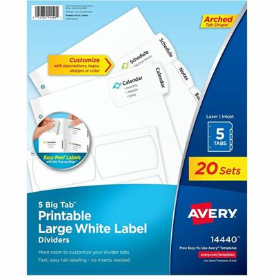 Avery&reg; Big Tab Tab Divider - 100 x Divider(s) - 100 Tab(s) - 5 - 5 Tab(s)/Set - 8.5" Divider Width x 11" Divider Length - 3 Hole Punched - White Paper Divider - White Paper Tab(s) - 20% - Hole-punched, Printable, Customizable, Easy Peel, Reinforc