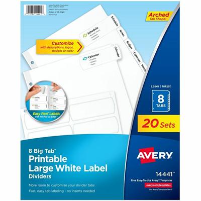 Avery&reg; Big Tab Printable Large White Dividers with Easy Peel, 8 Tabs - 160 x Divider(s) - 160 Tab(s) - 8 - 8 Tab(s)/Set - 8.5" Divider Width x 11" Divider Length - 3 Hole Punched - White Paper Divider - White Paper Tab(s) - 20% Recycled - Hole-pu