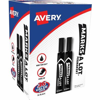 Avery&reg; Marks A Lot Marks A Lot Permanent Markers - Large Desk-Style Size - 4.762500 mm Chisel Marker Point - Black Ink - 1 Box