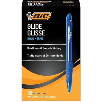 BIC Glide Bold - 1.6 mm Bold Pen Point - Refillable - Retractable - Blue Ink - Blue Barrel - Tungsten Carbide Tip - 36 / Box