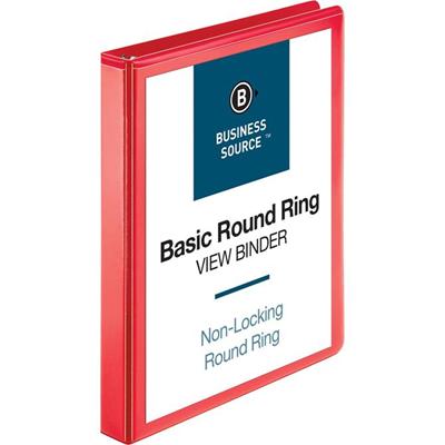 Business Source Round Ring Binder - 1" Binder Capacity - Fastener(s): Round Ring - Pocket(s): 2, Internal - Red - Clear Overlay, Labeling Area - 1 Each