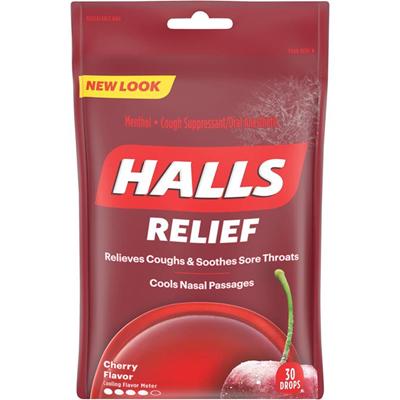 HALLS Halls Cherry Cough Drops - For Sore Throat, Cough, Nasal Congestion - Cherry - 30/Bag - 1 Box
