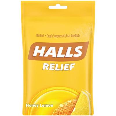 HALLS Halls Honey-Lemon Cough Drops - For Sore Throat, Cough, Nasal Congestion - Honey Lemon - 30/Bag - 12 / Box