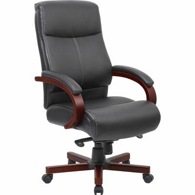 Lorell Executive High-Back Wood Finish Office Chair - Black Seat Color - Bonded Leather Seat Material - Black Back Color - Bonded Leather Back Material - High Back - Black, Mahogany - 1 Each