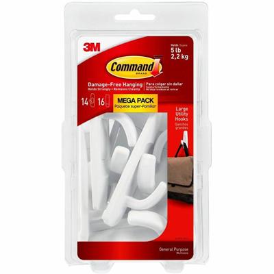 Command Large Utility Hook Mega Pack - 14 Hooks - 14 Large Hook - 5 lb (2.27 kg) Capacity - 3.9" Height x 1.8" Width - for Multipurpose, Paint, Wood, Tile - Plastic - White - 20 / Pack