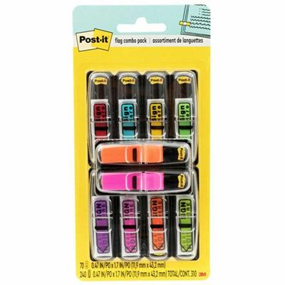 Post-it&reg; Post-it Printed Message Flags Value Pack - 1/2" Flag/Note Width x 1 3/4" Flag/Note Length - Arrow - SIGN HERE - Assorted - Self-stick, Repositionable, Removable - Dispenser Included - 240 / Pack