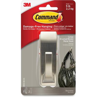 Command Large Modern Reflections Hook - 5 lb (2.27 kg) Capacity - for Painted Surface, Wood, Tile - Metal - Brushed Nickel - 1 Pack