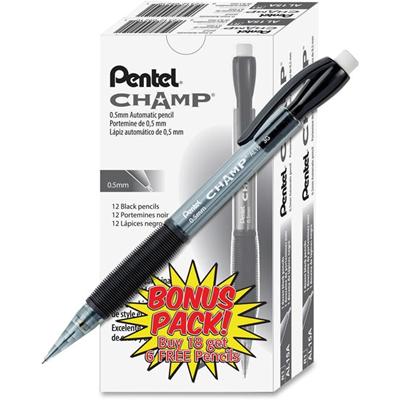Pentel Champ Mechanical Pencils - 0.5 mm Black Lead - HB - Refillable - Black Barrel - 24 / Pack