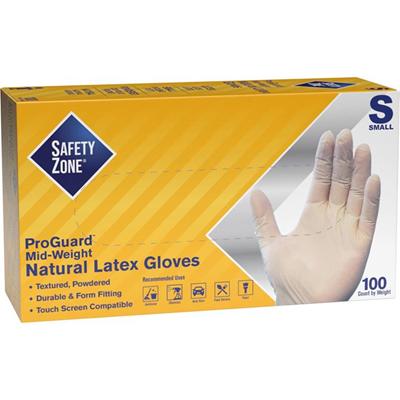 Safety Zone Powdered Natural Latex Gloves - 9.65" Glove Length - Polymer Coating - Small Size - Natural - Allergen-free, Silicone-free, Powdered - 100 / Box