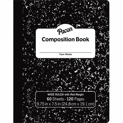 Pacon Composition Book - 60 Sheets - Wide Ruled Front Ruling - 0.37" Ruled - 7 1/2" x 9 3/4" Sheet Size - Black Marble Cover - 72 / Carton