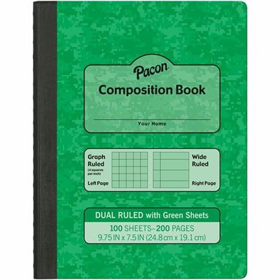 Pacon Dual Ruled Composition Book - Plain - Quad Ruled, Wide Ruled Front Ruling - 9.75" Height x 7.5" Width x 0.5" Length - Green Cover - 24 / Carton