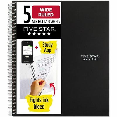 Five Star Wirebound Black 5-subject Notebook - 200 Sheets - Wire Bound - Wide Ruled Front Ruling - 3 Hole(s) - 8" x 10 1/2" Sheet Size - Black Plastic Cover - Perforated, Water Resistant, Durable Cover, Resist Bleed-through, Easy Tear, Pocket Divider
