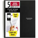 Five Star Wirebound Black 5-subject Notebook - 200 Sheets - Wire Bound - Wide Ruled Front Ruling - 3 Hole(s) - 8" x 10 1/2" Sheet Size - Black Plastic Cover - Perforated, Water Resistant, Durable Cover, Resist Bleed-through, Easy Tear, Pocket Divider
