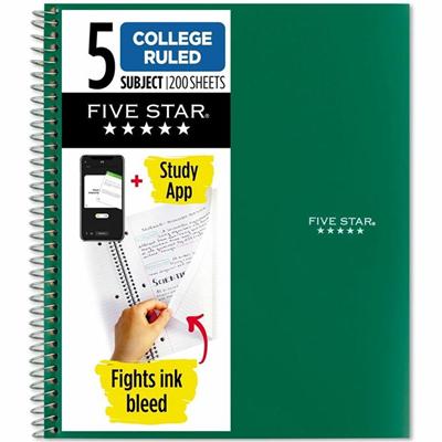 Five Star Wirebound College Rule 5 - subject Notebook - Letter - 200 Sheets - Wire Bound - College Ruled Front Ruling - Letter - 8 1/2" x 11" Sheet Size - Green Cover - 1 Each