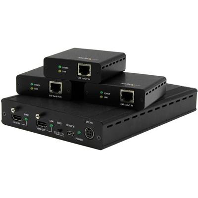StarTech.com Video Extender Transmitter/Receiver - 1 Input Device - 3 Output Device - 229.66 ft Range - 6 x Network (RJ-45) - 1 x USB - 1 x HDMI In - 4 x HDMI Out - 4K - 4096 x 2160 - Twisted Pair - Category 6 - Rack-mountable - TAA Compliant