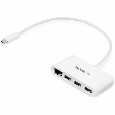 StarTech.com 3-Port USB-C Hub with Gigabit Ethernet - USB-C to 3x USB-A - USB 3.0 Hub - White - USB 3.2 (Gen 1) Type C - External - 3 USB Port(s) - 1 Network (RJ-45) Port(s) - UASP Support - PC, Mac, Linux