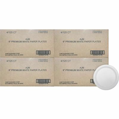 AJM 9" Dinnerware Paper Plates - Disposable - 9" Diameter - White - Paper Body - 125/Pack - 4 / Carton