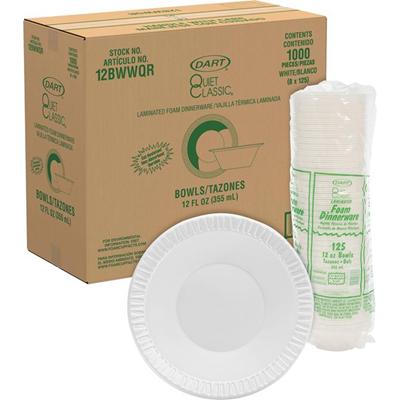 Dart Quiet Classic 12 oz Laminated Foam Bowls - Serving - White - Foam, Plastic Body - 125/Pack - 8 / Carton