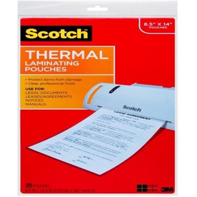 Scotch Thermal Laminating Pouches, 8-1/2" x 14" , Clear, Pack Of 20 Sheets, TP3855-20 - Sheet Size Supported: Legal 8.50" Width x 14" Length - for Sign, Schedule, Artwork, Certificate, Document - Photo-safe, Durable - Clear - 1 Pack