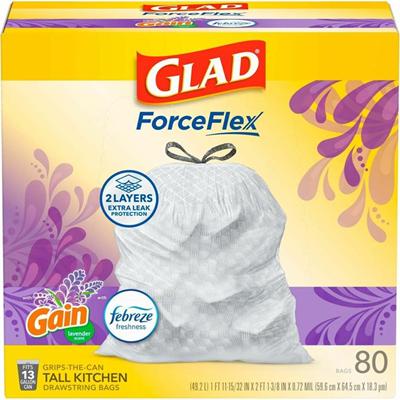Glad ForceFlex Tall Kitchen Drawstring Trash Bags - Gain Lavender with Febreze Freshness - 13 gal Capacity - 27.36" Length x 24.02" Width x 0.78 mil (20 Micron) Thickness - Drawstring Closure - White - Garbage, Office, Kitchen/ - 1 Box