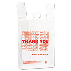 HDPE T-Shirt Bags, Thank You - Have a Nice Day Labeling, Cut-Out Handles, 12" x 7" x 23", White/Red, 500/Carton