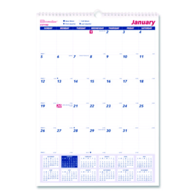 Twin-Wirebound Wall Calendar, One Month per Page, 12 x 17, White/Blue Sheets, 12-Month (Jan to Dec): 2026