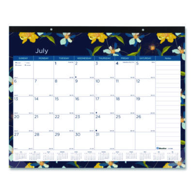 Academic 18-Month Desk Pad Calendar, Floral Artwork, 22 x 17, White/Multicolor Sheets, Black Headband, July 2025 to Dec 2026