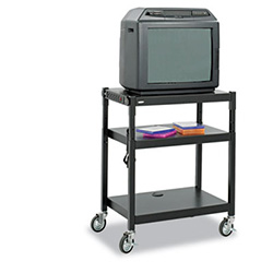 Adjustable-Height Steel AV Cart, Metal, 3 Shelves, (5) AC Outlets, 120 lb Capacity, 27.25" x 18.25" x 36.5", Black