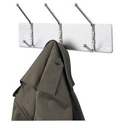 Metal Wall Rack, Three Ball-Tipped Double-Hooks, Metal, 18w x 3.75d x 7h, Satin