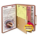 6-Section Pressboard Top Tab Pocket Classification Folders, 6 SafeSHIELD Fasteners, 2 Dividers, Letter Size, Red, 10/Box