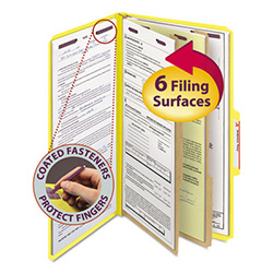 Six-Section Pressboard Top Tab Classification Folders, Six SafeSHIELD Fasteners, 2 Dividers, Legal Size, Yellow, 10/Box