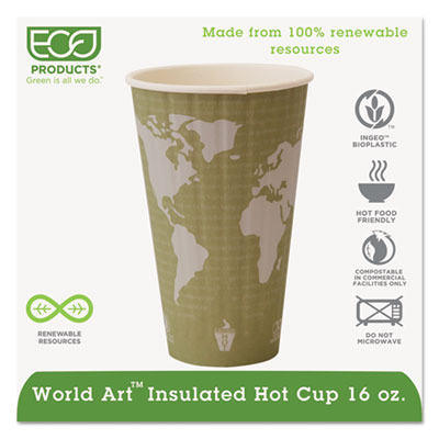 World Art Renewable and Compostable Insulated Hot Cups, 16 oz, Brown/White, 40/Pack, 15 Packs/Carton