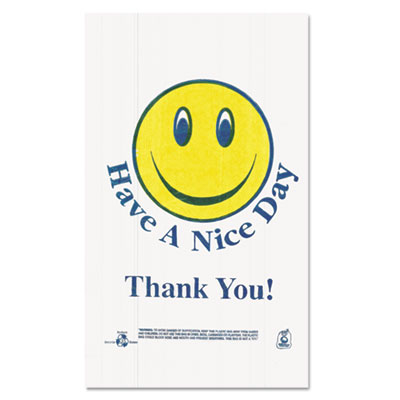 Smiley Face Shopping Bags, Thank You - Have a Nice Day Labeling, Cut-Out Handles, 11.5" x 6.5" x 21", White/Red, 900/Carton