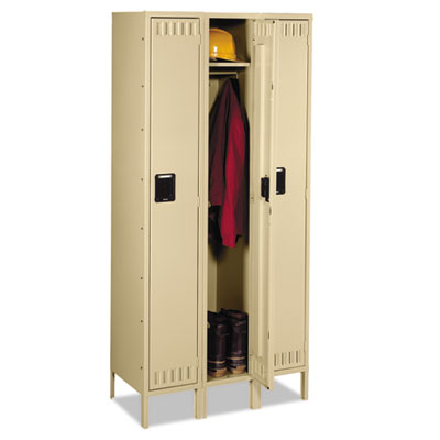 Single-Tier Locker with Legs, Three Lockers with Hat Shelves and Coat Rods, 36w x 18d x 78h, Sand