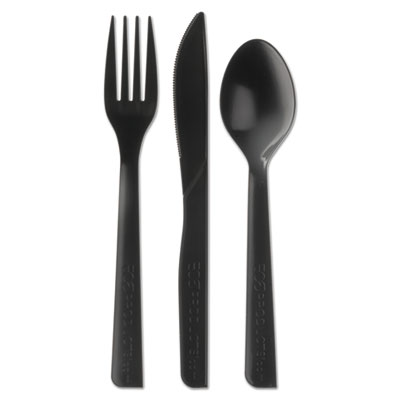 100% Recycled Content Cutlery Kit, Fork/Knife/Soup Spoon/Teaspoon6", Black, 250 Kits/Carton