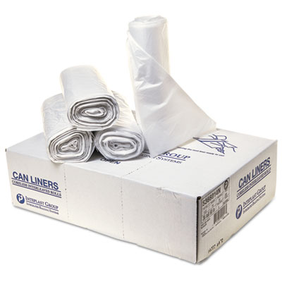 High-Density Commercial Can Liners, 55 gal, 14 mic, 36" x 60", Clear, Interleaved Roll, 25 Bags/Roll, 8 Rolls/Carton