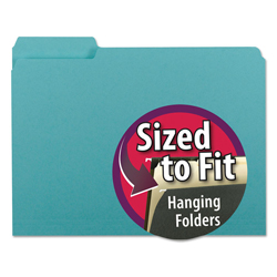 Interior File Folders, 1/3-Cut Tabs: Assorted, Letter Size, 0.75" Expansion, Aqua, 100/Box