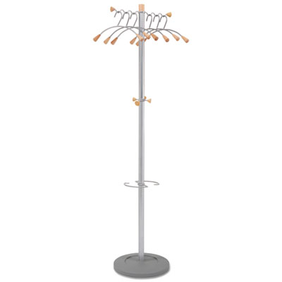 Wavy Coat Tree, Six Hangers/Two Knobs/Four Hooks, 18.88w x 14d x 68.5h, Silver/Wood