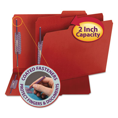 Colored Pressboard Fastener Folders with SafeSHIELD Fasteners, 2" Expansion, 2 Fasteners, Letter Size, Bright Red, 25/Box