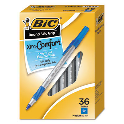 Round Stic Grip Xtra Comfort Ballpoint Pen Value Pack, Easy-Glide, Stick, Medium 1.2 mm, Blue Ink, Gray/Blue Barrel, 36/Pack