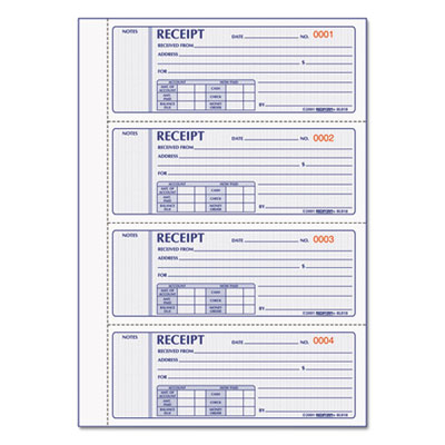 Money Receipt Book, Hardcover, Three-Part Carbonless, 7 x 2.75, 4 Forms/Sheet, 200 Forms Total