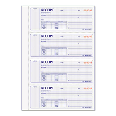 Receipt Book, Two-Part Carbonless, 7 x 2.75, 4 Forms/Sheet, 400 Forms Total