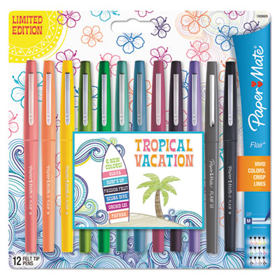 Point Guard Flair Felt Tip Porous Point Pen, Stick, Medium 0.7 mm, Assorted Tropical Vacation Ink and Barrel Colors, Dozen