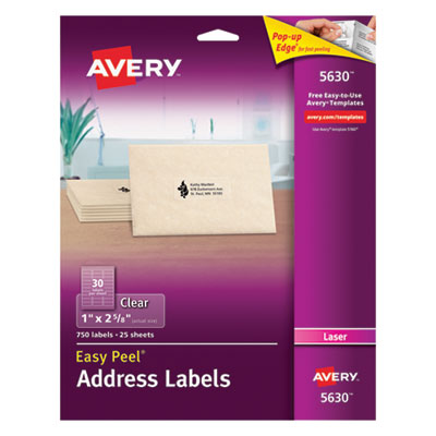 Matte Clear Easy Peel Mailing Labels w/ Sure Feed Technology, Laser Printers, 1 x 2.63, Clear, 30/Sheet, 25 Sheets/Box