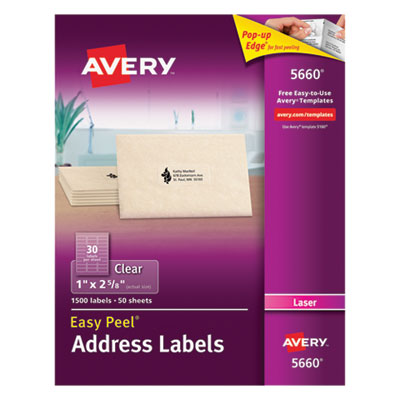 Matte Clear Easy Peel Mailing Labels w/ Sure Feed Technology, Laser Printers, 1 x 2.63, Clear, 30/Sheet, 50 Sheets/Box