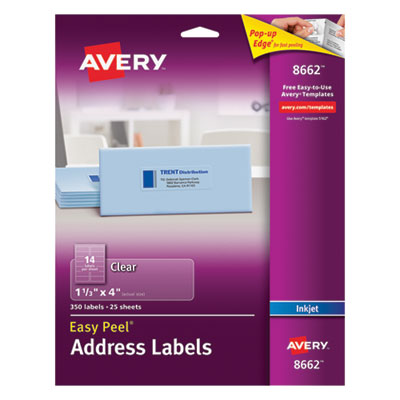 Matte Clear Easy Peel Mailing Labels w/ Sure Feed Technology, Inkjet Printers, 1.33 x 4, Clear, 14/Sheet, 25 Sheets/Pack
