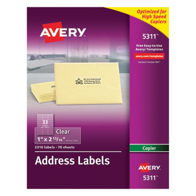 Copier Mailing Labels, Copiers, 1 x 2.81, Clear, 33/Sheet, 70 Sheets/Pack